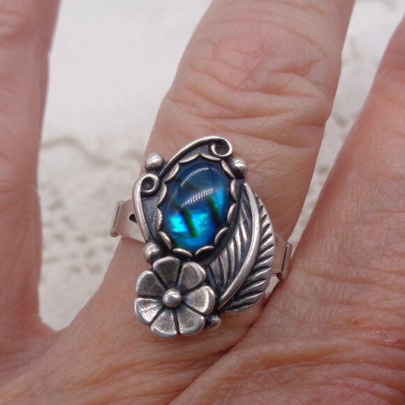 Vintage Blue PAUA SHELL Sterling Silver RING Leaf & Flower SZ. 7.5 - Picture 4 of 9